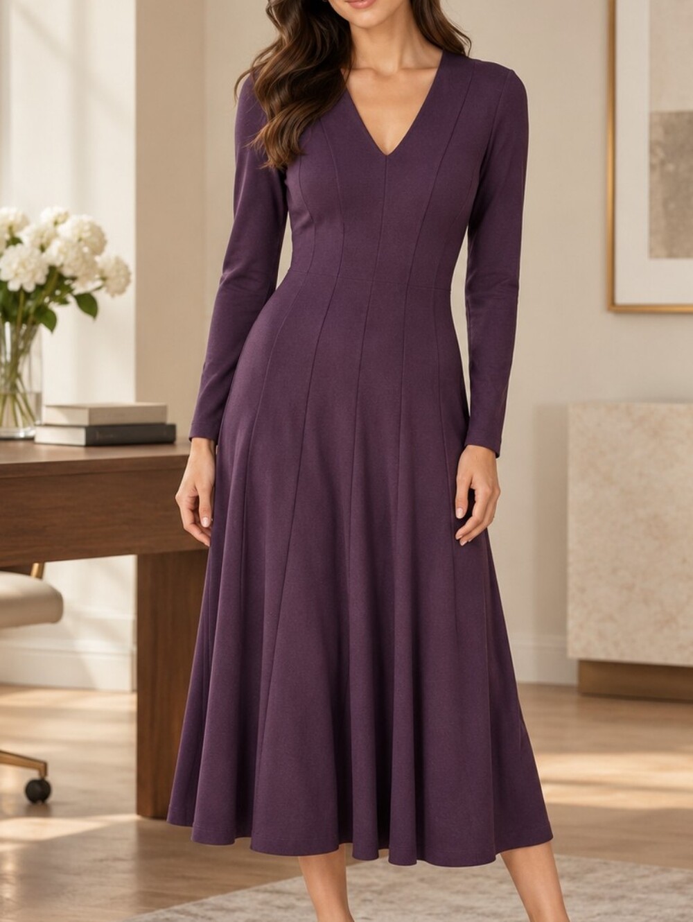 L.K.Bennett Purple Knit Fit Flare Dress Long Sleeve Stretch Career Midi Feminine